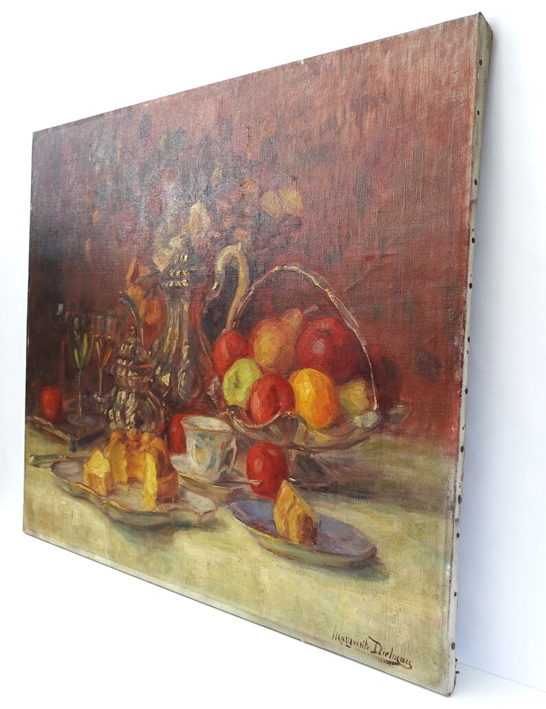 Grande peinture nature morte ancienne par Marguerite Dielman école belge vers 1900 image 7