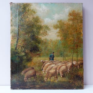Antique Oil on Canvas Sheep and Shepherd Vintage 1920s Landscape Farm Painting by De Waerhert, Unframed, with Screw Eyelet for Hanging