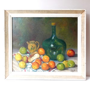 Vintage Still Life Oil Painting: Mid-Century Fruit & Bottle Art, Framed