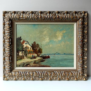 Vintage Dutch Oil Painting: Shore House Landscape by Van den Berg, Framed