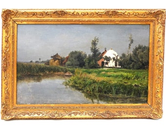 Moody Antiek Nederlands landschapsolieverfschilderij Boerderij en vijver circa 1900, ingelijst