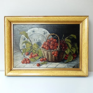 Vintage Cherries Still Life Painting: 1930s Framed Art by François Serras