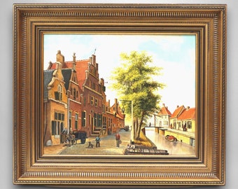 Vintage olieverfschilderij Stadsgezicht naar Cornelis Springer Nederlandse School, ingelijst