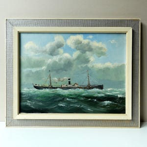 Vintage Seascape Dutch Steamer Original 1970s Oil on Canvas , Framed and Ready to Hang