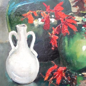 Nature morte vintage colorée avec bouquet d'automne Peinture à l'huile de Dijkshoorn Art original hollandais du milieu du XXème siècle image 3