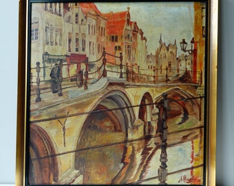 Vintage Oil Painting Old Town of Mechelen Belgian Art Circa 1930, Framed