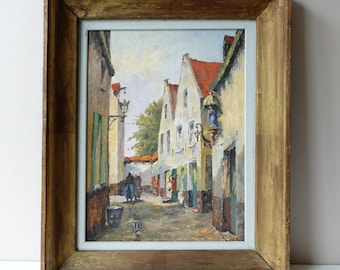 Vieille ruelle Huile sur panneau vintage par Stichelmans art belge vers 1930, encadrée
