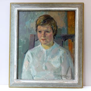 Mid Century Vintage Child Portrait Painting by Cor Dik 1950s Oil on Canvas Modernist Original Vintage Art, Framed and Ready to Hang
