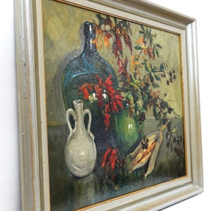 Nature morte vintage colorée avec bouquet d'automne Peinture à l'huile de Dijkshoorn Art original hollandais du milieu du XXème siècle image 5