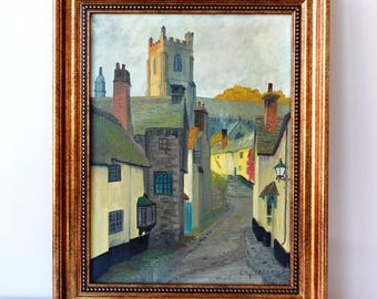 Vintage Minehead Somerset Painting: English Town View Oil on Canvas, Framed 1930s Art