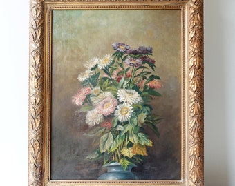 Antiek bloemschilderij olieverf op doek 19e-eeuws origineel vintage bloemenstilleven, in historisch frame