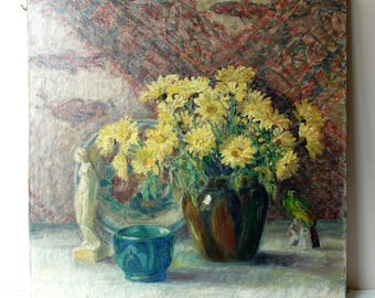 Antique Floral Still Life Oil Painting by Irma Quintin, circa 1920
