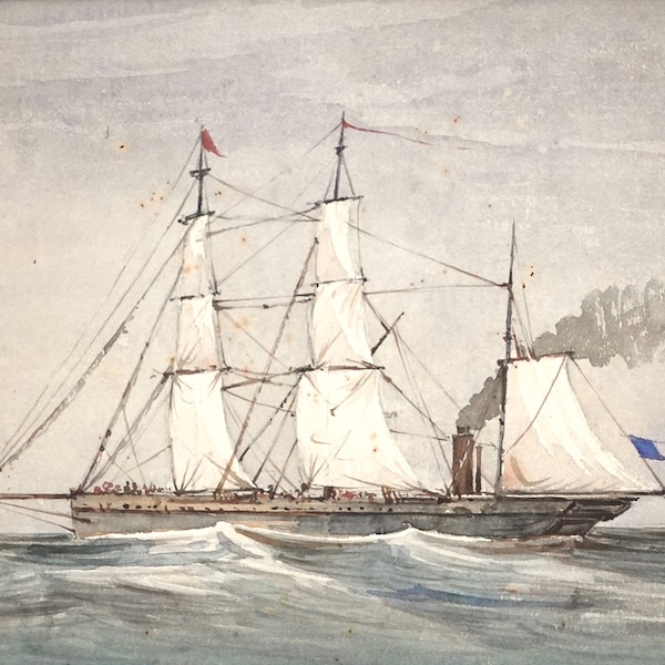 Peinture marine ancienne bateau à voiles vapeur mixte, aquarelle sur papier, 19ème siècle, encadrée