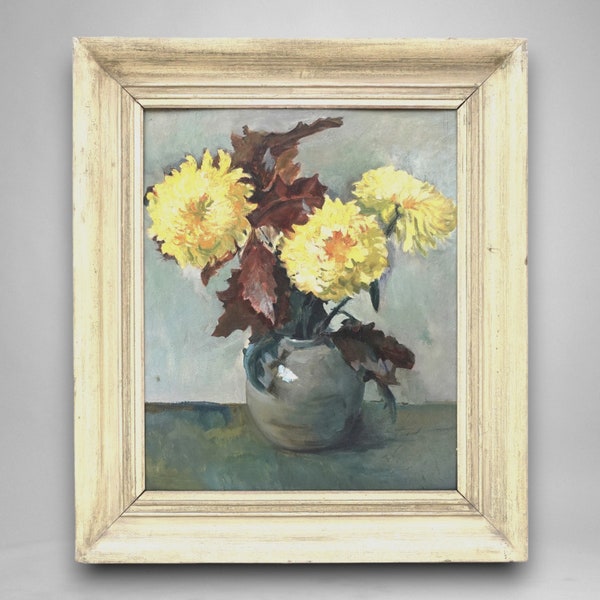 Peinture de fleurs vintage style Van Gogh école hollandaise nature morte originale vers 1950