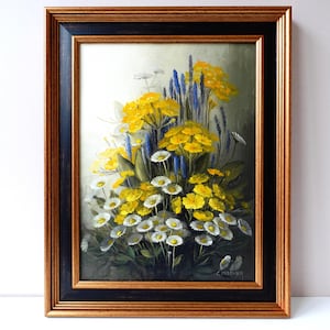 Vintage Flower Painting with Daisies and Buttercups 1970s 80s Original Oil on Canvas by Moerman, Framed and Ready to Hang