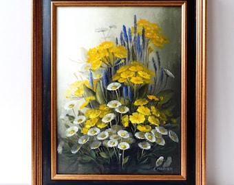 Vintage Floral Oil Painting: Daisies and Buttercups by Moerman, Framed