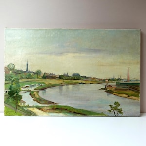 Vintage Dutch River Landscape Oil Painting: Arnhem View by Herman Romyn