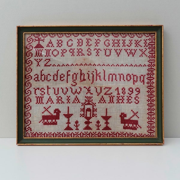 Antique 1899 Sampler Embroidery Cross Stitch Cotton Victorian Needlework with Alphabet and Decorative Elements, Framed