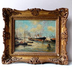 Vintage Amsterdam Port Oil Painting, Signed A. Van der Ven, Framed 1930s Canvas