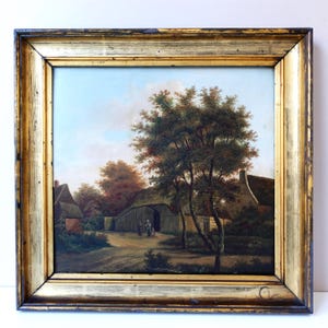 Antique Flemish Landscape Painting: 19th Century Oil on Wood, Framed