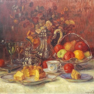 Grande peinture nature morte ancienne par Marguerite Dielman école belge vers 1900 image 2