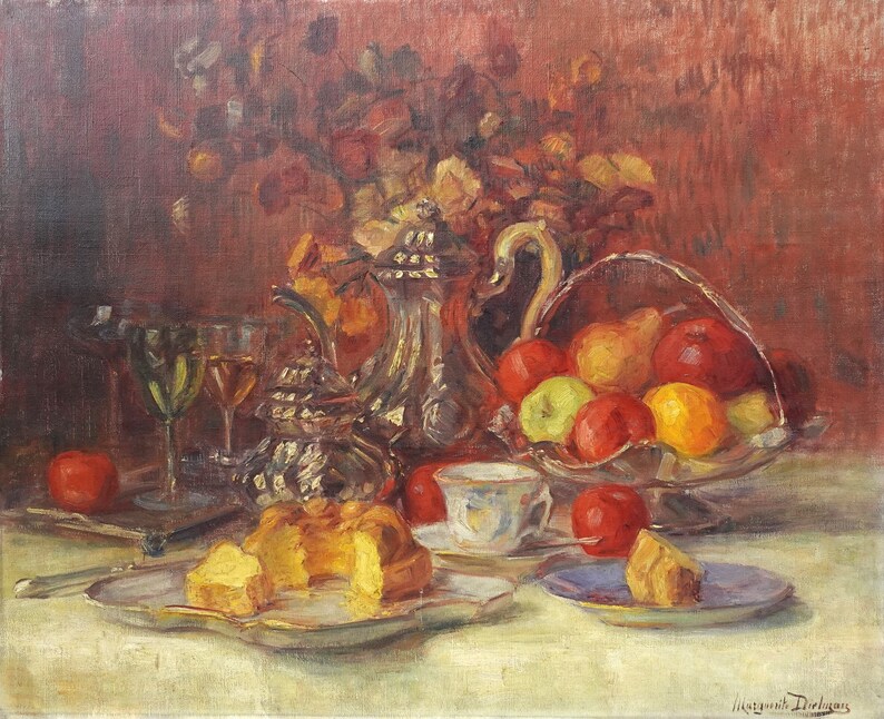 Grande peinture nature morte ancienne par Marguerite Dielman école belge vers 1900 image 2