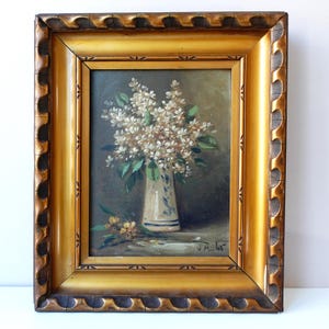 Vintage Floral Still Life Oil Painting: White Flowers in Vase, Framed c.1930s