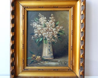 Antique Floral Still Life Oil Painting by Henry Schouten: White Flowers in Vase, Framed