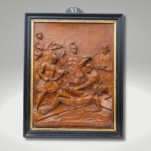 Antique Religious Art Mid-19th Century Station of the Cross, Embossed Leather in Original Frame, Rare Genuine Vintage Artwork by J. Dulud
