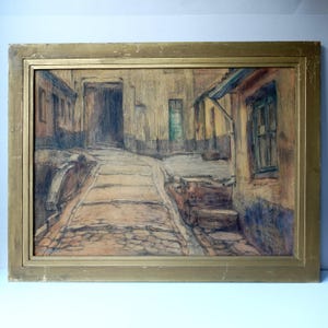Vue d'une ruelle, technique mixte sur carton grand format par Raph Robert, années 1920, art expressionniste, encadré