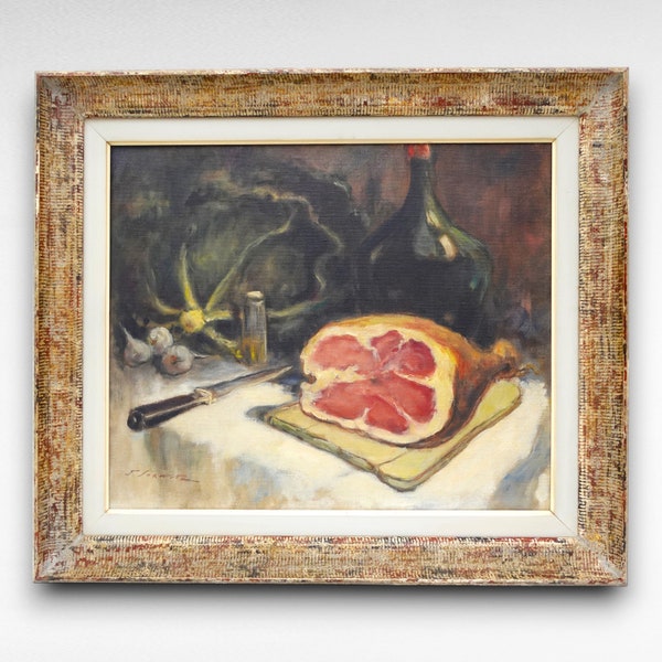 Grande nature morte huile sur toile vintage par Ferdinand Jorwitz vers 1950 avec encadrement