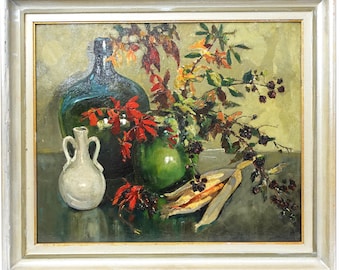 Nature morte vintage colorée avec bouquet d'automne Peinture à l'huile de Dijkshoorn Art original hollandais du milieu du XXème siècle