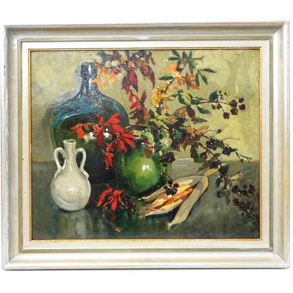 Nature morte vintage colorée avec bouquet d'automne Peinture à l'huile de Dijkshoorn Art original hollandais du milieu du XXème siècle