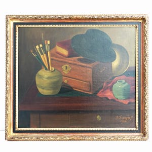 Vintage Still Life Original 1930s Large Surrealist Oil Painting by D. Franzen, Framed and Ready to Hang