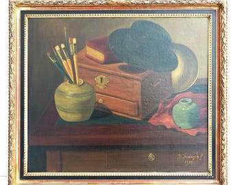 Vintage Surrealist Still Life Oil Painting by D. Franzen - Dated 1937, Framed
