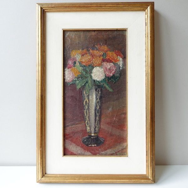 Peinture de fleurs vintage Vase Art Déco avec bouquet multicolore Art et antiquités vers 1930 Huile sur panneau encadrée
