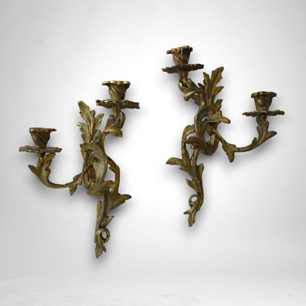 Pair of Vintage French Gilt Bronze Louis XV Two Branch Wall Candle Sconces