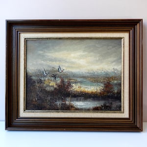 Vintage Wild Duck Landscape Painting: Original Oil on Canvas, Framed