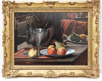 Antique Still Life Oil Painting: Apples, Pears, Gilded Frame