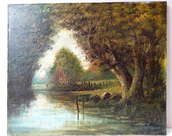 Antique Landscape Painting: 19th Century Oil on Canvas by Lucien Henry