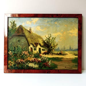 Vintage Dutch Oil Painting: Thatched Cottage, Flower Garden, Framed 1920s Landscape