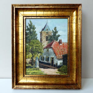 Vintage Oil on Canvas Village View Small Impressionist Painting circa 1930, Framed and Ready to Hang