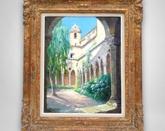 Antique Oil on Canvas Cloister of Sorrento Italy by Julien Stappers circa 1930, Framed