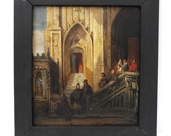 Huile sur bois ancienne Vue d'une ville médiévale avec cathédrale et personnages en costumes d'époque, encadrée