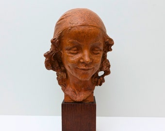 Vintage Art Deco Terracotta Sculpture: Signed Girl's Head Bust, 1930s