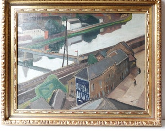 Grande peinture vintage moderniste Huile sur toile de 1921 Vue péri urbaine Liège par Marcel Goossens, encadrée