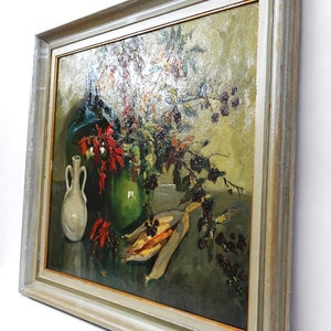 Nature morte vintage colorée avec bouquet d'automne Peinture à l'huile de Dijkshoorn Art original hollandais du milieu du XXème siècle image 6