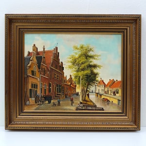 Vintage Holländische Stadt Ölgemälde nach Cornelis Springer, Gerahmt