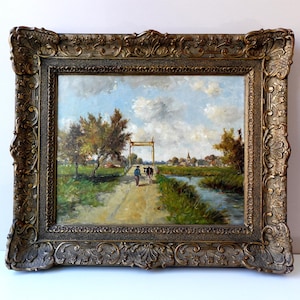 Antike holländische Landschaftsmalerei: Bauer und Kuh, impressionistisches Öl auf Leinwand, gerahmt