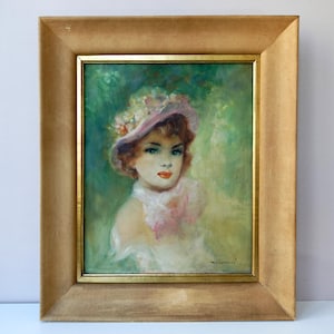 Vintage Portrait of a Fashionable Young Lady Original Mid Century Oil on Canvas by Reverberi, Framed and Ready to Hang